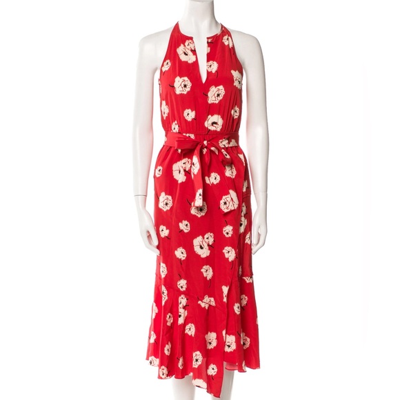 Derek Lam 10 Crosby Red Faux Wrap Dress Floral Silk Sleeveless Belted - SZ 6 - Picture 2 of 7